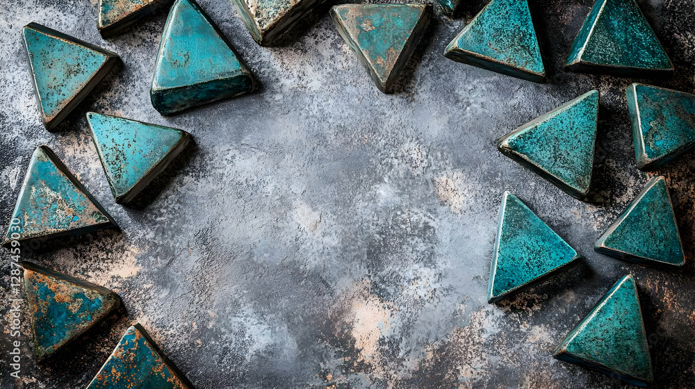 Poster teal triangle ceramic tiles arranged on a rustic grey background, creating a frame with copy space. 
