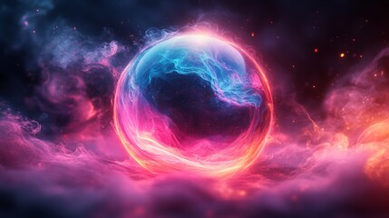 Obraz premium Mesmerizing glowing orb surrounded by vibrant swirling nebulae in space, cosmic colors. Fantasy and mystery concept