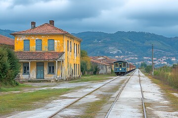 Abandoned train station, cloudy day, countryside