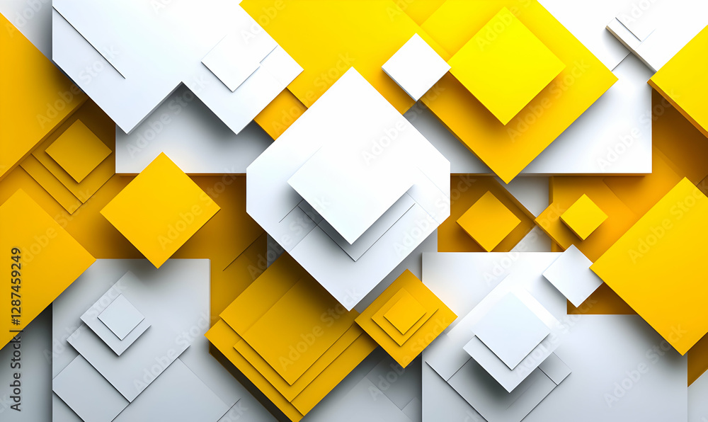 Poster abstract geometric background with overlapping white and yellow squares and cubes, creating a modern
