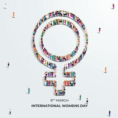 8th March happy international women's day concept. A large group of different professional Women form to create female sign. Feminism. Women’s equality and women's empowerment. Vector Illustration.