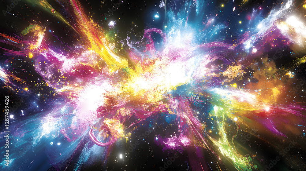 Poster colorful explosion of light and stars in a cosmic space background with vibrant colors and celestial