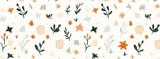 Colorful floral pattern with abstract shapes and leaves on light background