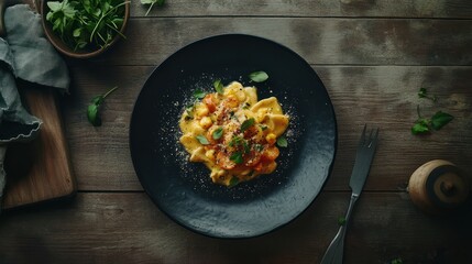 Autumn pasta dish, overhead, rustic