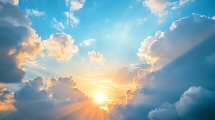 Fototapeta premium Sunrise with vivid clouds in a blue sky, illuminating landscape. Nature and tranquility concept