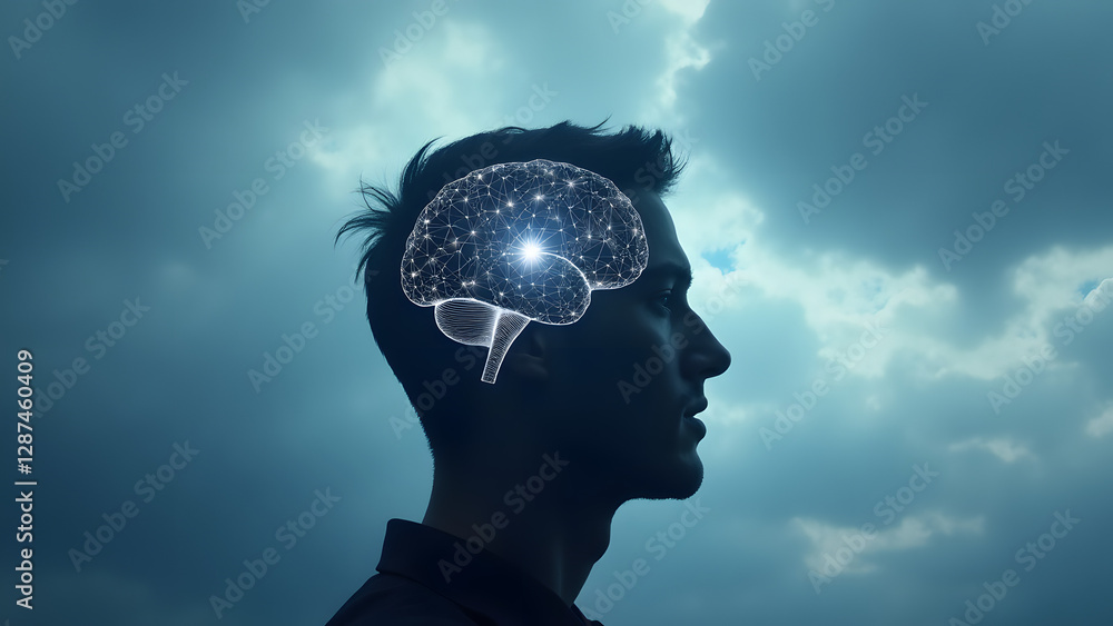 Poster a silhouette of a head with a glowing brain network against a cloudy sky. symbolizes creativity, inn