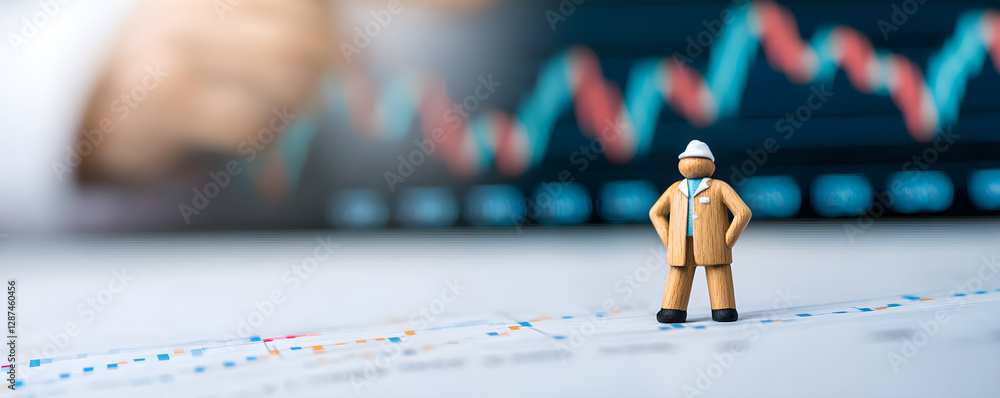 Poster a man in a suit stands in front of a graph with a fist raised