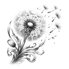 A delicate tattoo of a dandelion with seeds blowing away. sketch engraving, white background.
