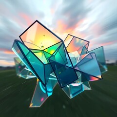 Abstract glass shapes blend with Chromatic dispersion effect. 3d render.