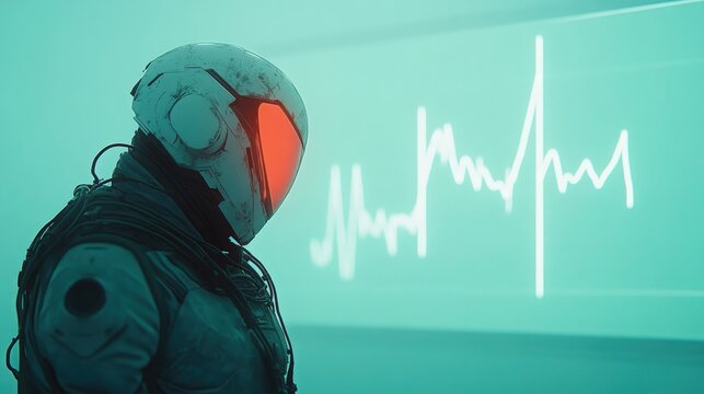 Futuristic astronaut with glowing visor standing in a high-tech environment with a digital heartbeat display
