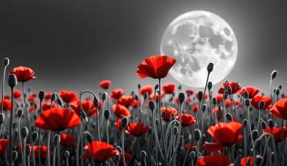 Obraz premium A striking monochromatic landscape is punctuated by vibrant red poppies, creating a powerful visual contrast. The scene is set against a backdrop of a large, luminous moon