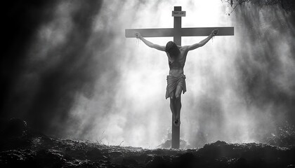 Crucifixion scene, dark, misty