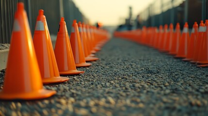 Fototapeta premium Orange Traffic Cones Line Gravel Path for Safety and Construction