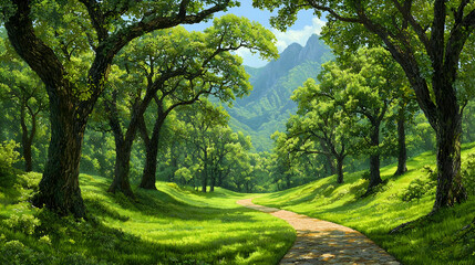 Naklejka premium Winding path through lush green forest, mountain backdrop, sunny day, ideal for travel brochures