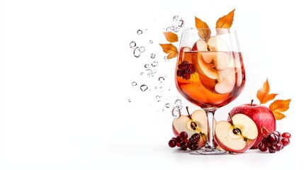 Elegant glass of apple cider sangria, decorated with fall-themed accents, modern digital art, vibrant hues, isolated on white background