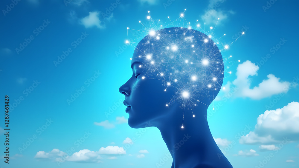 Poster a translucent head silhouette with a glowing network of nodes and lines against a blue sky with clou