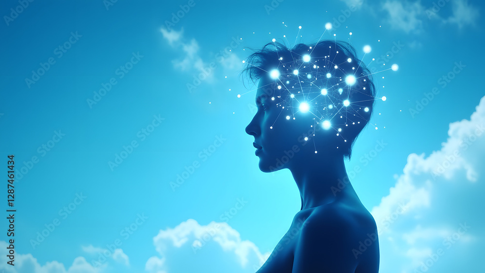 Poster a translucent head silhouette with a glowing network of nodes and lines against a blue sky with clou