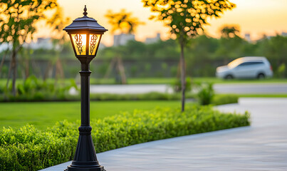 Illuminated garden lamp post at sunset, landscaped pathway, lush greenery, tranquil suburban scene.