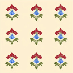 Floral pattern with red and blue flowers on light background