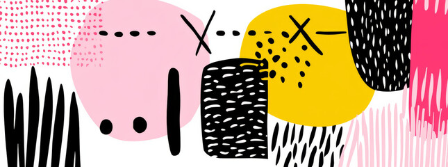 Colorful abstract shapes with playful patterns create vibrant design