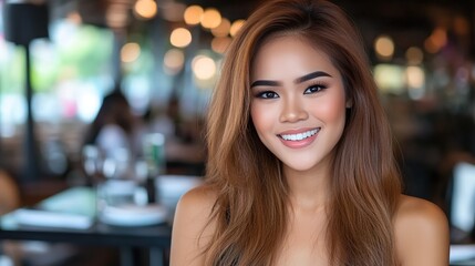 Obraz premium Young Woman with Long Hair Smiling in a Restaurant Setting