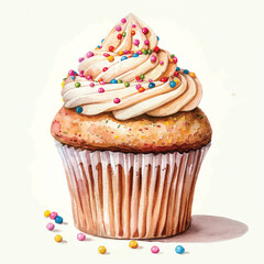 A delicious cupcake with sprinkles cartoon style watercolor