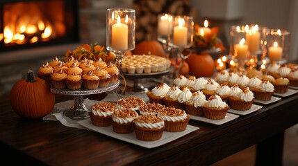 Naklejka premium Elegant Thanksgiving dessert table with caramel apple crisp centerpiece, warm tones, pumpkin accents, dim warm lighting enhancing the ambiance