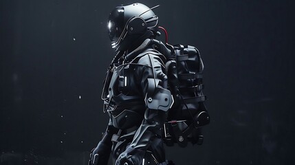 Futuristic Space Suit Design with High-Tech Features and Dark Background Aesthetic