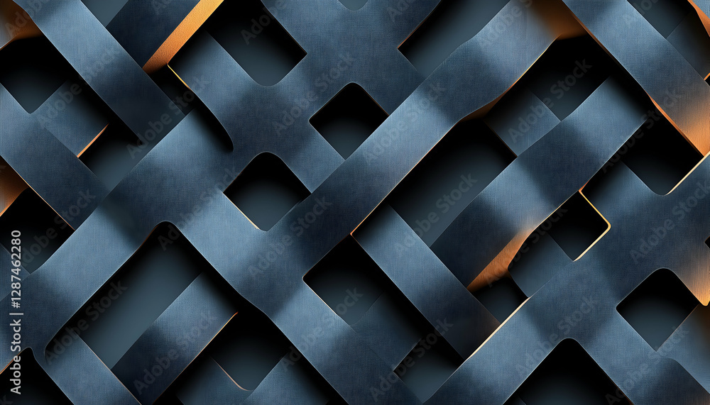Poster abstract geometric background with interwoven dark blue and gold textured ribbons creating a complex