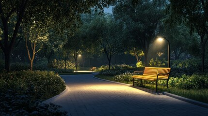 Obraz premium Night park bench, path, tranquil scene