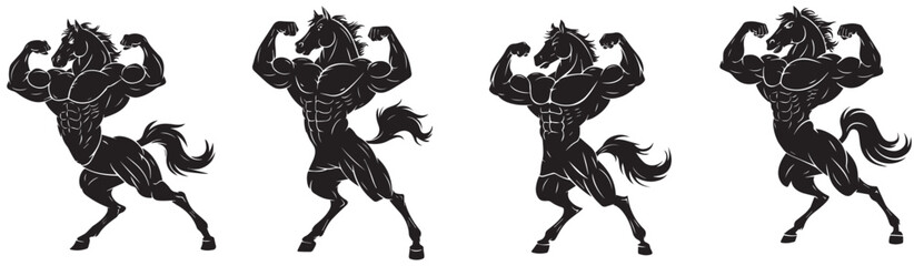 Obraz premium Horse bodybuilder silhouette vector, Muscular Stallion Flexing Silhouette Illustration
