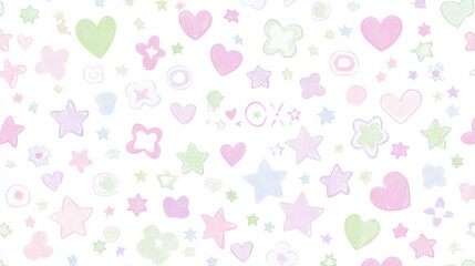 Soft pastel shapes including hearts and stars on light background