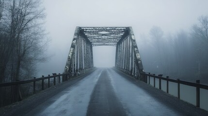 Foggy Bridge Road Winter Landscape