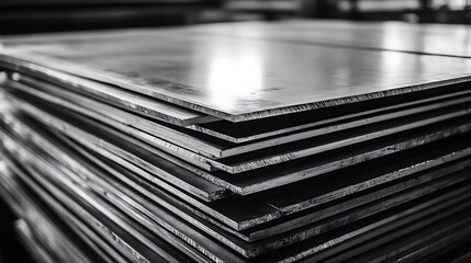 Stacked Metal Sheets in Black and White Showing Industrial Material