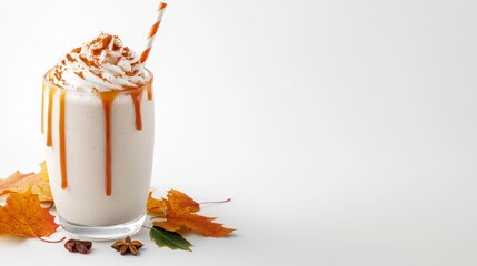 Festive butterscotch milkshake with a caramel drizzle, pumpkin spice accents, straw and thanksgiving leaves decoration, hyper-detailed, isolated on white background