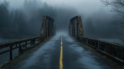 Naklejka premium Foggy Bridge Road, Forest, Mystery