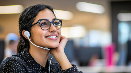 Smiling customer rep in office wears earphones, talks to customers. Shows positive work culture.
