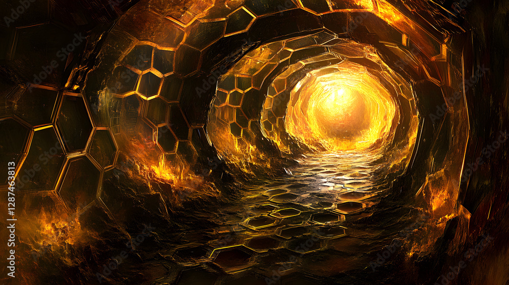 Poster tunnel interior with bright light at the end creating a sense of depth and perspective