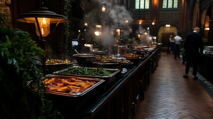 Fototapeta premium Exquisite culinary spread at a sophisticated buffet with steaming dishes