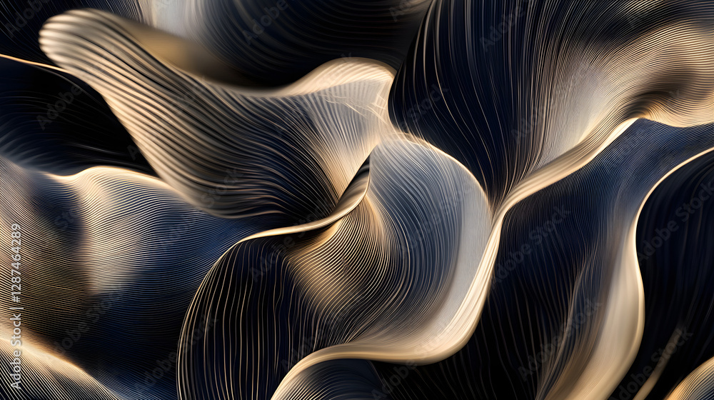 Poster close up of an abstract black and gold background with smooth textures and patterns