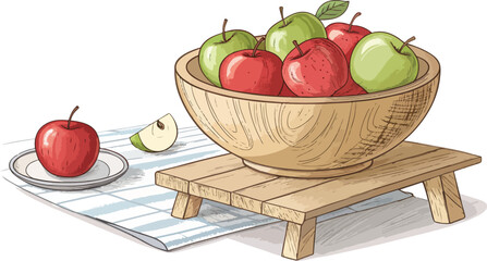Apples in wooden bowl in Isolated background, Red Apple Illustration vector design