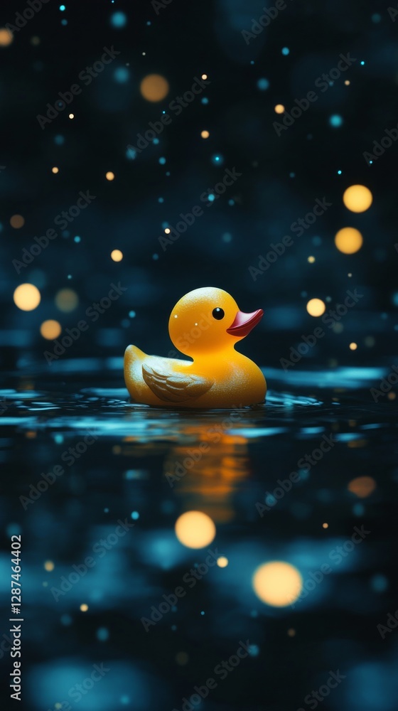 Poster yellow rubber duck floating in calm water with glowing bokeh lights at night. playful and whimsical 