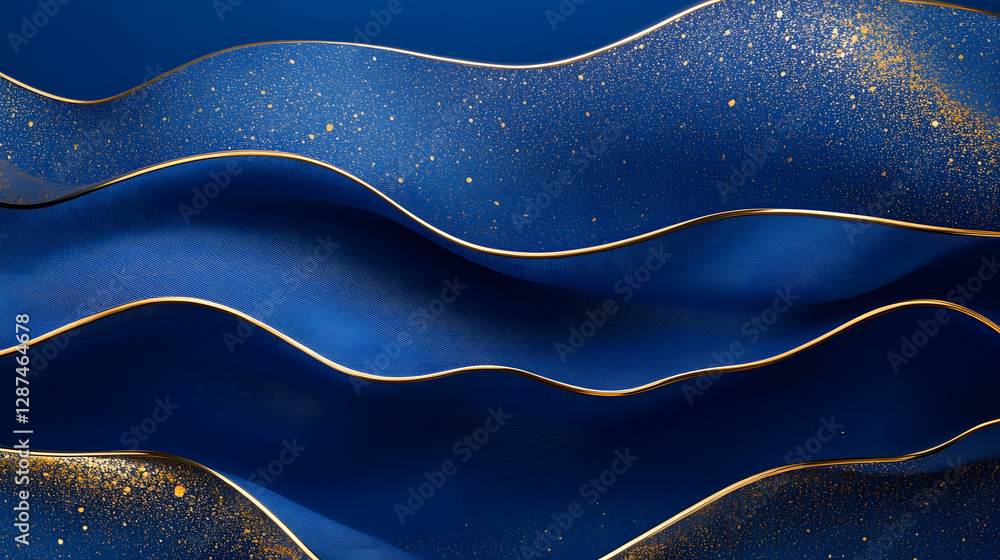 Poster blue and gold abstract background with wavy pattern for design and art projects