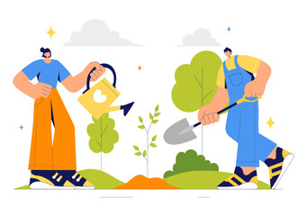 Restoration Vector Illustration featuring Tree Planting in a Forest with Green Plant Care, Watering, and Environmental Protection to Save Nature