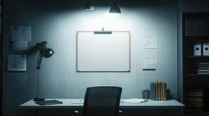 Night office, blank board, desk, files
