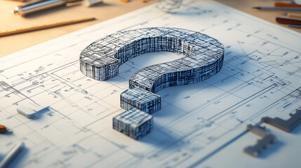 Question Mark Structure Made Of Cubes On Architectural Blueprint Paper Focused In Daylight