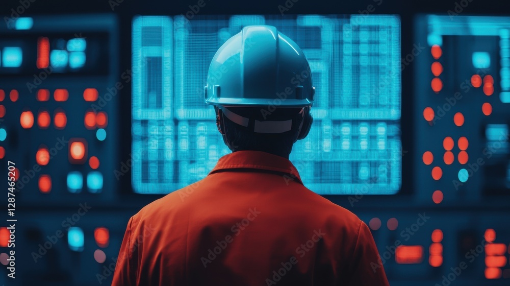 Poster hologram industry concept. futuristic control room with engineer analyzing data and technologies