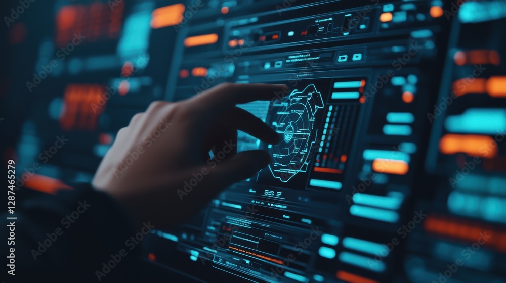 Poster hologram industry concept. futuristic digital holographic interface displaying technical data and in