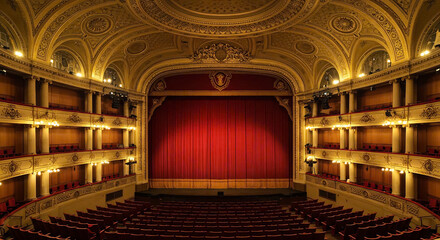 Fototapeta premium Grand Opera House Interior with Red Curtain and Golden Ornamentation