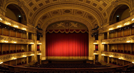 Fototapeta premium Ornate Gold Theater Interior with Red Velvet Curtain